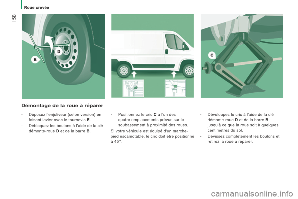 Peugeot Boxer 2016  Manuel du propriétaire (in French)  158
- Développez le cric à laide de la clé 
démonte-roue  D et de la barre 
b  
jusquà ce que la roue soit à quelques 
centimètres du sol.
-
 
Dévissez complètement les boulons et
  
retir