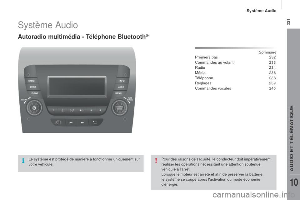 Peugeot Boxer 2016  Manuel du propriétaire (in French)  231Système Audio
autoradio multimédia - Téléphone bl uetooth®
Sommaire
Premiers pas
 2 32
Commandes au volant
 
2
 33
Radio
  234
Média
 

236
Téléphone
 2

38
Réglages
 

239
Commandes voca