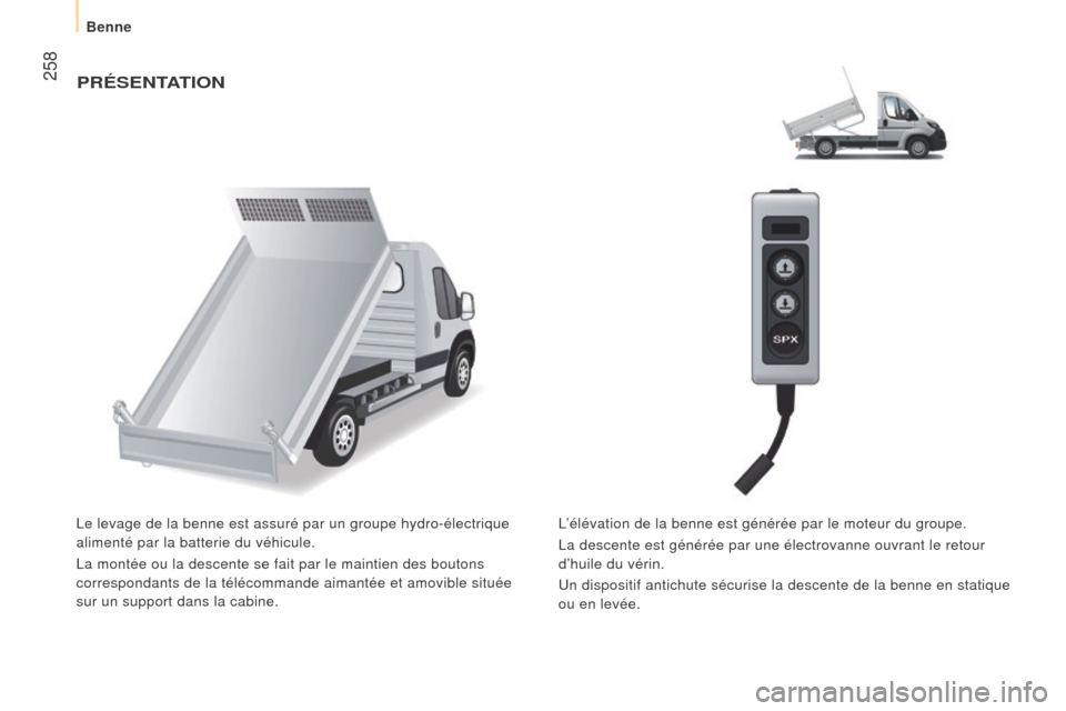 Peugeot Boxer 2016  Manuel du propriétaire (in French)  258PréSeNTaTION
Le levage de la benne est assuré par un groupe hydro-électrique 
alimenté par la batterie du véhicule.
La montée ou la descente se fait par le maintien des boutons 
correspondan