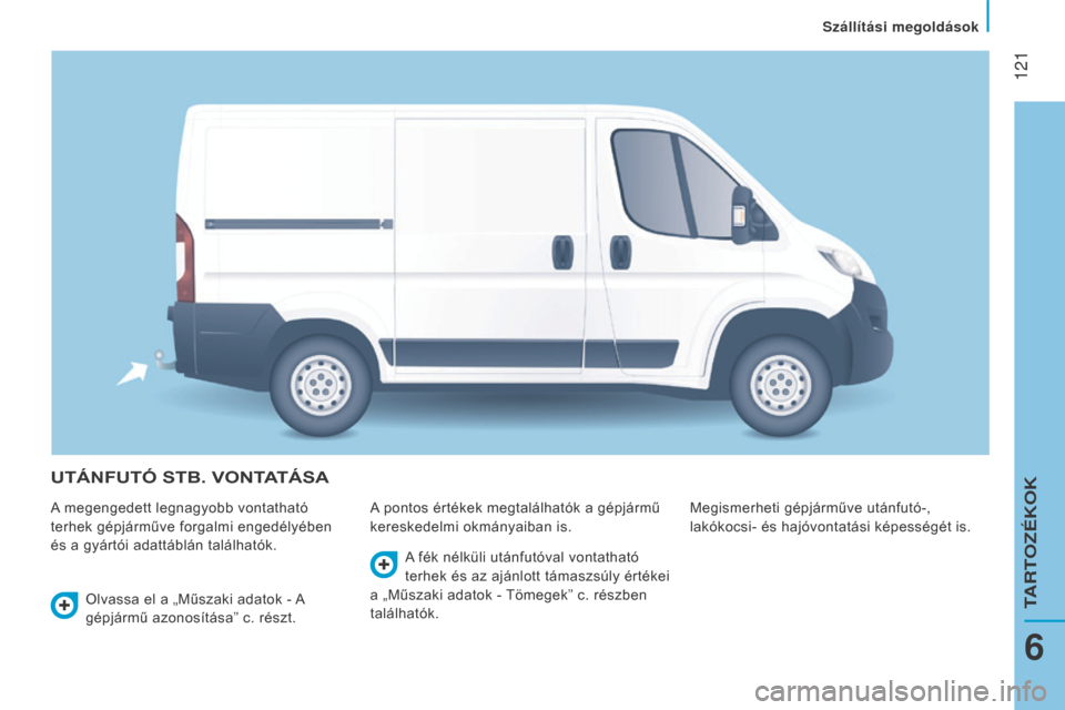 Peugeot Boxer 2016  Kezelési útmutató (in Hungarian)  121
boxer_hu_Chap06_Accessoires_ed01-2015
UTÁNFUTÓ STB. VONTATÁSA
A megengedett legnagyobb vontatható 
terhek gépjárműve forgalmi engedélyében 
és a gyártói adattáblán találhatók.A po