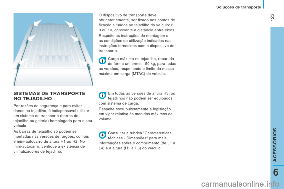 Peugeot Boxer 2016  Manual do proprietário (in Portuguese)  123
boxer_pt_Chap06_Accessoires_ed01-2015
SISTemAS De TrANSPorTe 
N
o  T e JADI lho
Consultar a rubrica "Características 
técnicas - Dimensões" para mais 
informações sobre o comprimento (de L1
