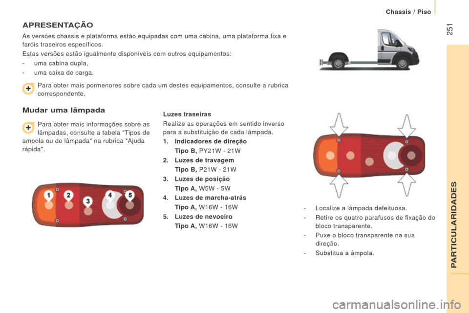 Peugeot Boxer 2016  Manual do proprietário (in Portuguese)  251
boxer_pt_Chap11_Particularites_ed01-2015
APreSeNTAÇÃo
As versões chassis e plataforma estão equipadas com uma cabina, um\
a plataforma fixa e 
faróis traseiros específicos.
Estas versões e