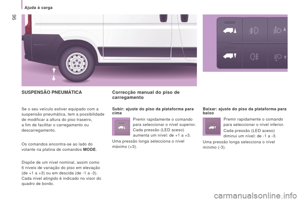 Peugeot Boxer 2016  Manual do proprietário (in Portuguese)  96
boxer_pt_Chap04_Technologie-a-bord_ed01-2015
SuSPeNSÃo PNeumÁTICA
Se o seu veículo estiver equipado com a 
suspensão pneumática, tem a possibilidade 
de modificar a altura do piso traseiro, 
