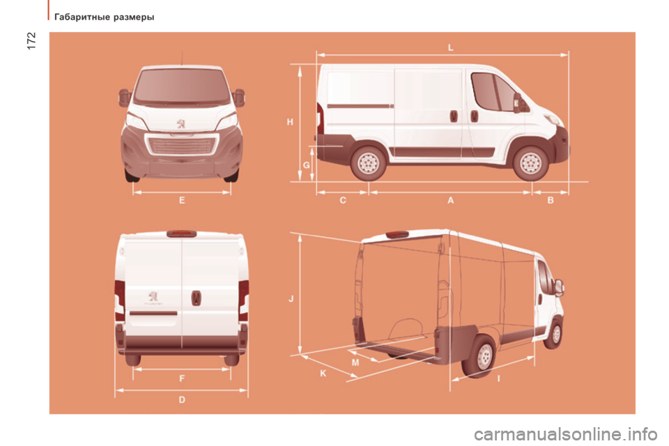 Peugeot Boxer 2016  Инструкция по эксплуатации (in Russian)  172
boxer_ru_Chap09_Caracteristiques-Techniques_ed01-2015 
Габаритные размеры  