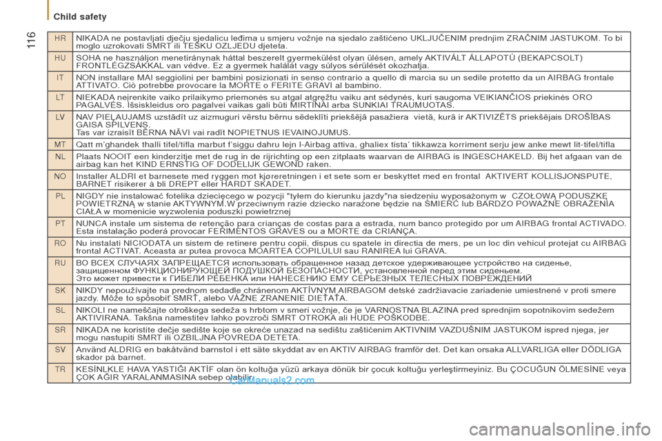 Peugeot Boxer 2015.5 Owners Manual - RHD (UK, Australia) HRNIKADA ne postavljati dječju sjedalicu leđima u smjeru vožnje na sjedalo zaštićeno UKLJUČENIM prednjim ZRAČNIM JASTUKOM. To bi
moglo uzrokovati SMRT ili TEŠKU OZLJEDU djeteta.
HuSOHA ne has Peugeot Boxer 2015.5 Owners Manual - RHD (UK, Australia) HRNIKADA ne postavljati dječju sjedalicu leđima u smjeru vožnje na sjedalo zaštićeno UKLJUČENIM prednjim ZRAČNIM JASTUKOM. To bi
moglo uzrokovati SMRT ili TEŠKU OZLJEDU djeteta.
HuSOHA ne has