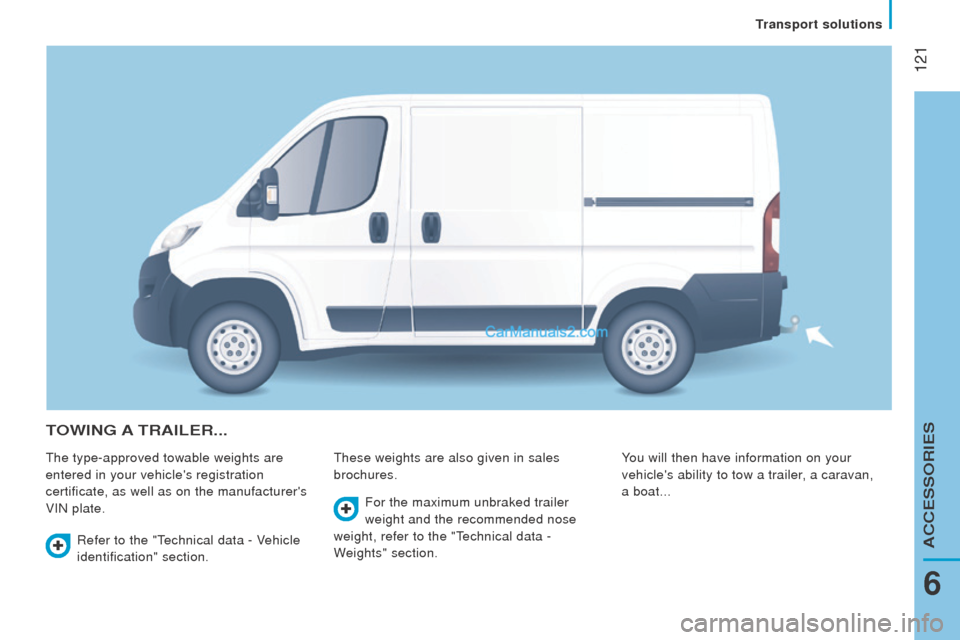 Peugeot Boxer 2015.5  Owners Manual - RHD (UK, Australia)  121
toWInG A trAILEr...
the type-approved towable weights are 
entered in your vehicles registration 
certificate, as well as on the manufacturers
 
VIN plate.these weights are also given in sales 