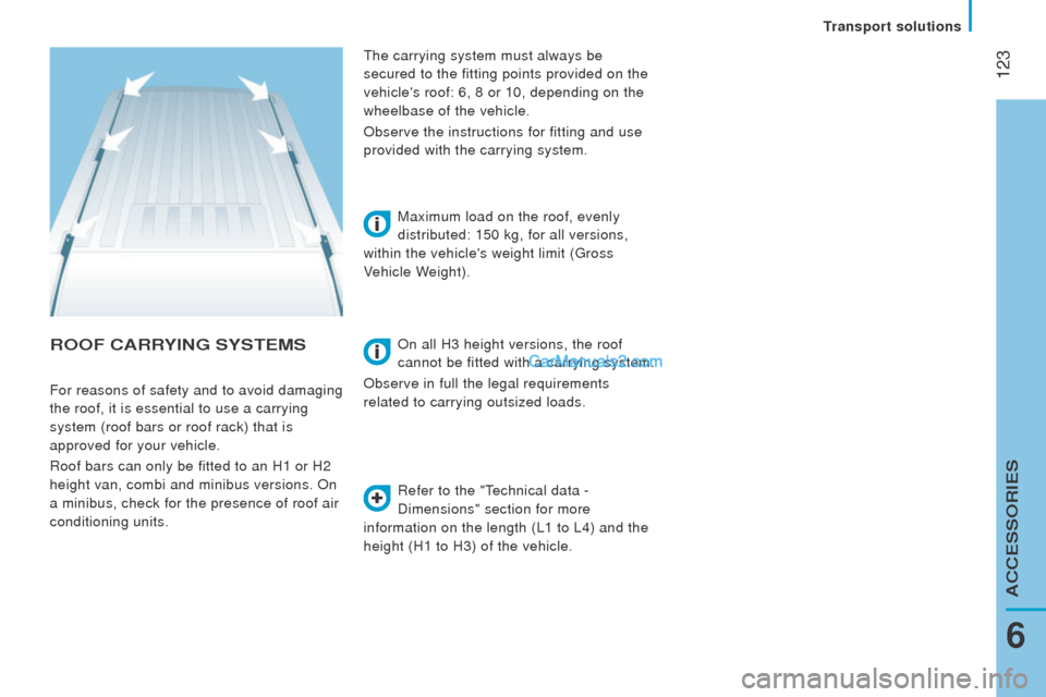 Peugeot Boxer 2015.5 Owners Manual - RHD (UK, Australia) 123
rooF cArrYInG SYStEMS
Refer to the "technical data -
Dimensions" section for more
information on the length (L1 to L4) and the
height (H1 to H3) of the vehicle. Maximum load on the roof, even Peugeot Boxer 2015.5 Owners Manual - RHD (UK, Australia) 123
rooF cArrYInG SYStEMS
Refer to the "technical data -
Dimensions" section for more
information on the length (L1 to L4) and the
height (H1 to H3) of the vehicle. Maximum load on the roof, even
