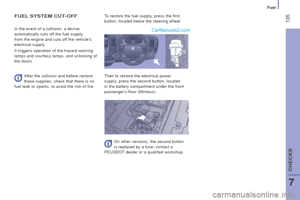 Peugeot Boxer 2015.5  Owners Manual - RHD (UK, Australia)  135
FuEL SYStEM cut-oFF
After the collision and before restore 
these supplies, check that there is no 
fuel leak or sparks, to avoid the risk of fire. In the event of a collision, a device 
automati