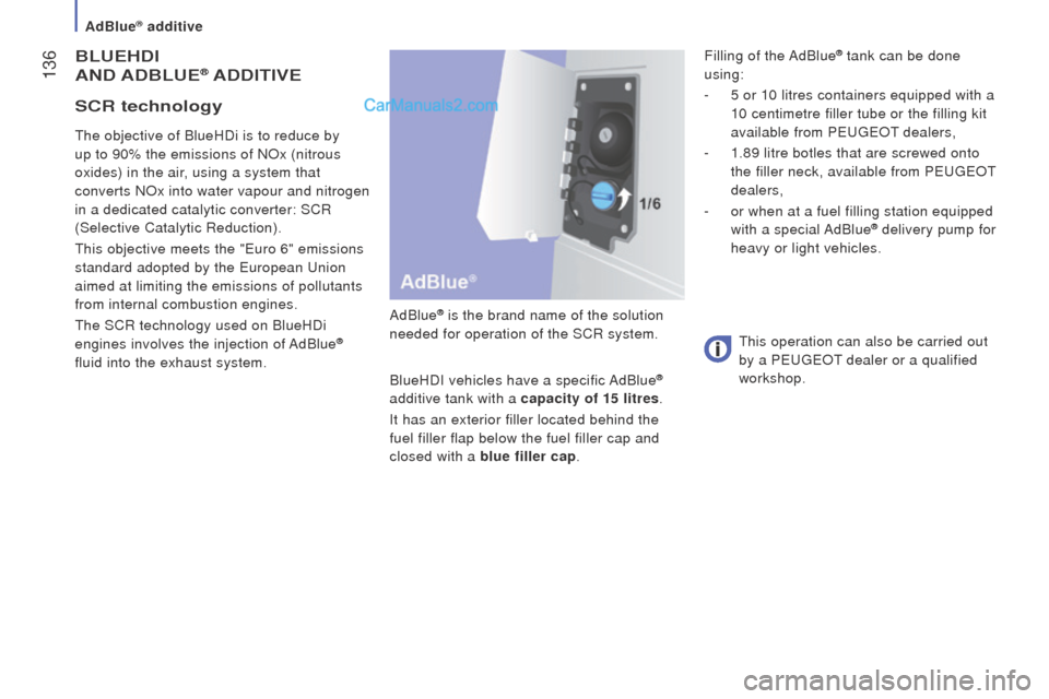 Peugeot Boxer 2015.5 Owners Manual - RHD (UK, Australia) 136
BLuEHdI
A
nd AdBLuE® AddItIVE
AdBlue® is the brand name of the solution
needed for operation of the SCR system.
BlueHDI vehicles have a specific AdBlue
®
additive tank with a capacity of 15 Peugeot Boxer 2015.5 Owners Manual - RHD (UK, Australia) 136
BLuEHdI
A
nd AdBLuE® AddItIVE
AdBlue® is the brand name of the solution
needed for operation of the SCR system.
BlueHDI vehicles have a specific AdBlue
®
additive tank with a capacity of 15