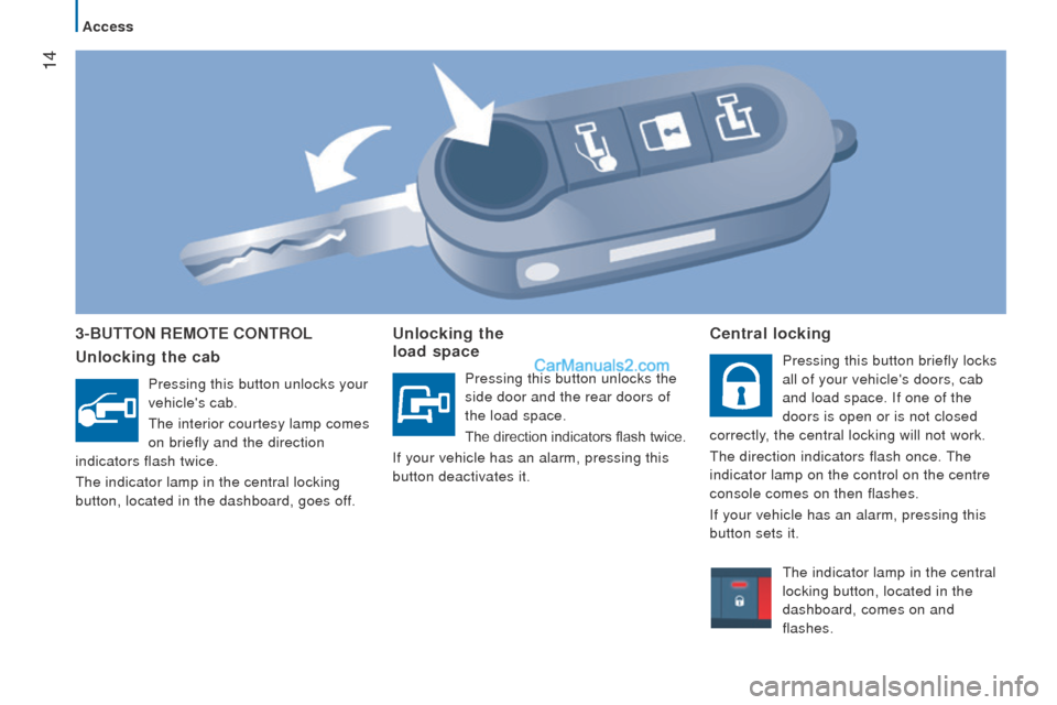 Peugeot Boxer 2015.5  Owners Manual - RHD (UK, Australia)  14
3-Button rEMotE controL
u
nlocking the cab
Pressing this button unlocks your 
vehicles cab.
the interior courtesy lamp comes

 
on briefly and the direction 
indicators flash twice.
the indicator