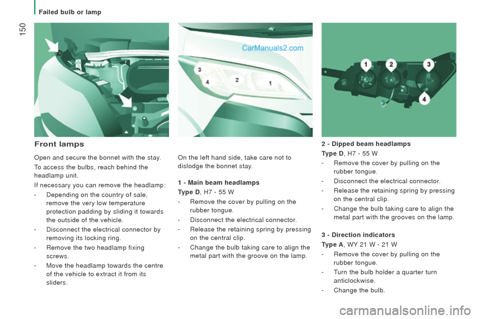 Peugeot Boxer 2015.5 Owners Manual - RHD (UK, Australia) 150
1 - Main beam headlamps
type d, H7 - 55 W
-
Remove the cover by pulling on the
rubber tongue.
-
Disconnect the electrical connector.
-
Release the retaining spring by pressing
on the central Peugeot Boxer 2015.5 Owners Manual - RHD (UK, Australia) 150
1 - Main beam headlamps
type d, H7 - 55 W
-
Remove the cover by pulling on the
rubber tongue.
-
Disconnect the electrical connector.
-
Release the retaining spring by pressing
on the central