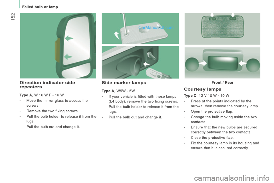 Peugeot Boxer 2015.5  Owners Manual - RHD (UK, Australia)  152
courtesy lamps
type c, 12 V 10 W - 10 W
-
 Press at the points indicated by the 
arrows, then remove the courtesy lamp.
-
 Open the protective flap.
-
 Change the bulb moving aside the two 
conta