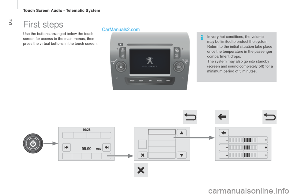 Peugeot Boxer 2015.5  Owners Manual - RHD (UK, Australia) 184First steps
use the buttons arranged below the touch 
s creen for access to the main menus, then 
press the virtual buttons in the touch screen. In very hot conditions, the volume 
may be limited t