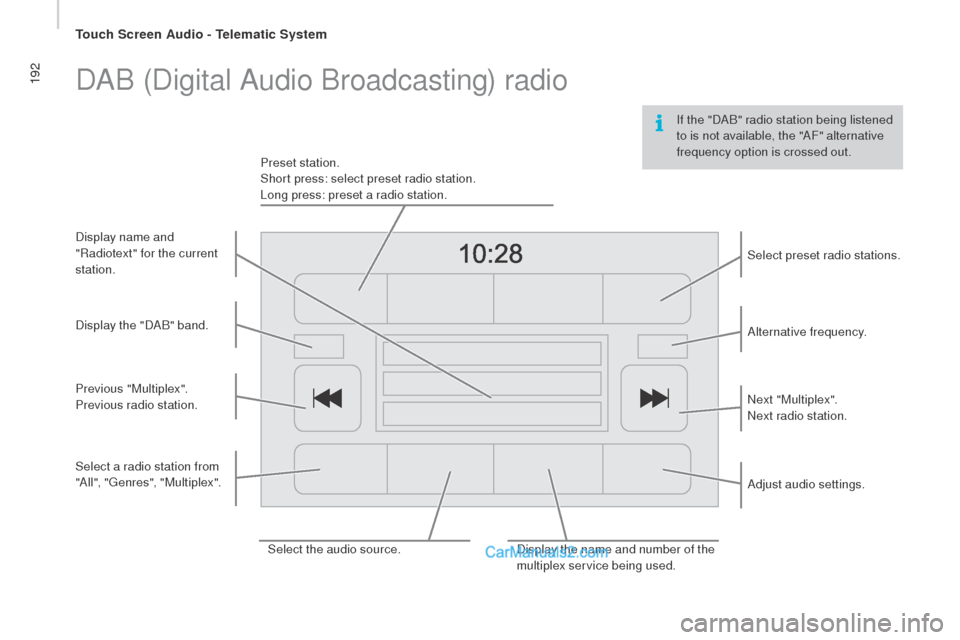 Peugeot Boxer 2015.5  Owners Manual - RHD (UK, Australia) 192
If the "DAB" radio station being listened 
to is not available, the "AF" alternative 
frequency option is crossed out.
DAB (Digital Audio Broadcasting) radio
Select the audio source.Display the na