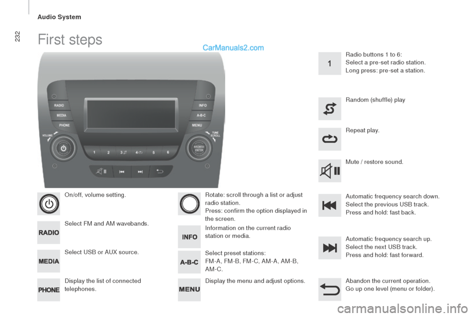 Peugeot Boxer 2015.5  Owners Manual - RHD (UK, Australia) 232First steps
On/off, volume setting.
Select FM and AM wavebands.
Display the list of connected 
telephones.Rotate: scroll through a list or adjust 
radio station.
Press: confirm the option displayed