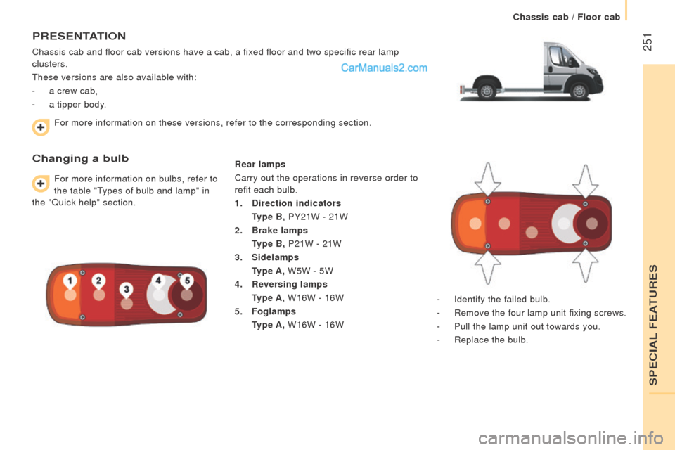 Peugeot Boxer 2015.5  Owners Manual - RHD (UK, Australia)  251
PrESEntAtIon
Chassis cab and floor cab versions have a cab, a fixed floor and two spe\
cific rear lamp 
clusters.
these versions are also available with:
-
 a crew cab,
-
 a tipper body.
changing