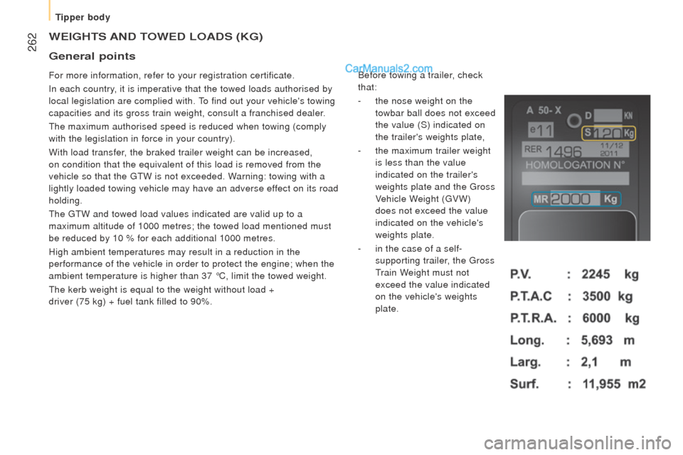 Peugeot Boxer 2015.5 Owners Manual - RHD (UK, Australia) 262
WEIGHtS And toWEd LoAdS (KG)
For more information, refer to your registration certificate.
In each country, it is imperative that the towed loads authorised by
local legislation are complied wit Peugeot Boxer 2015.5 Owners Manual - RHD (UK, Australia) 262
WEIGHtS And toWEd LoAdS (KG)
For more information, refer to your registration certificate.
In each country, it is imperative that the towed loads authorised by
local legislation are complied wit