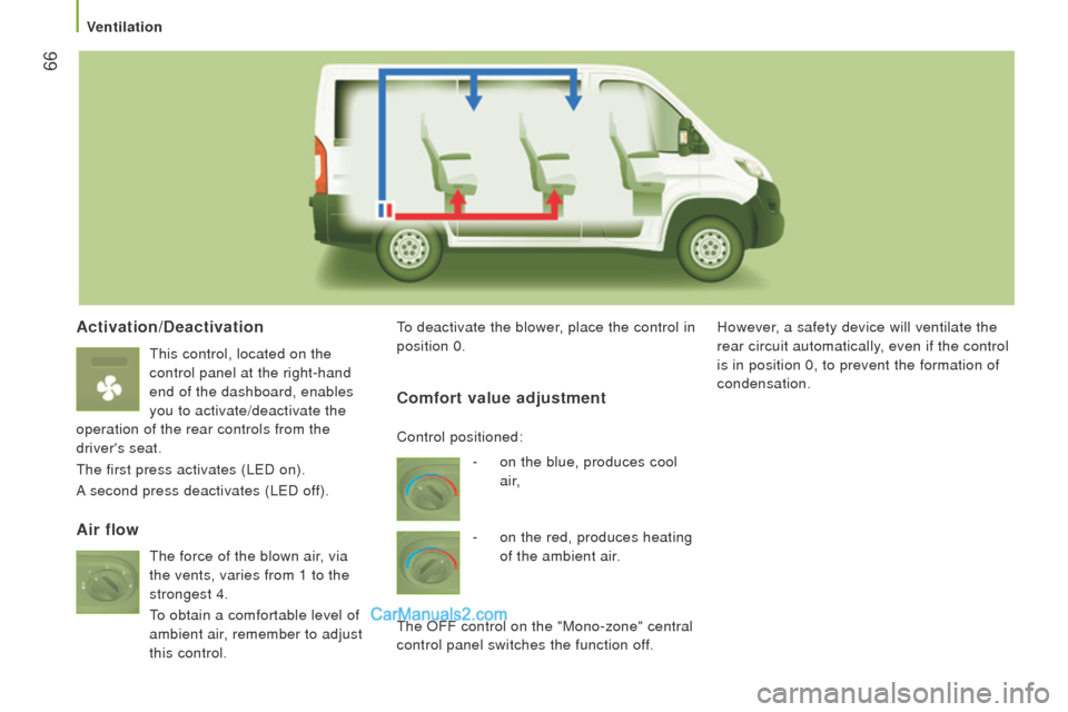 Peugeot Boxer 2015.5  Owners Manual - RHD (UK, Australia)  66
Activation/deactivation
this control, located on the 
control panel at the right-hand 
end of the dashboard, enables
 
you to activate/deactivate the 
operation of the rear controls from the 
driv