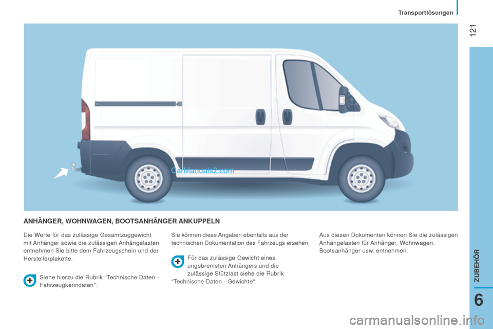 Peugeot Boxer 2015.5  Betriebsanleitung (in German)  121
boxer_de_Chap06_Accessoires_ed01-2015
AnhängEr, WOhnWAgEn, BOOTSAnhängEr An K u PPEL n
Die Werte für das zulässige Gesamtzuggewicht 
mit Anhänger sowie die zulässigen Anhängelasten 
entneh