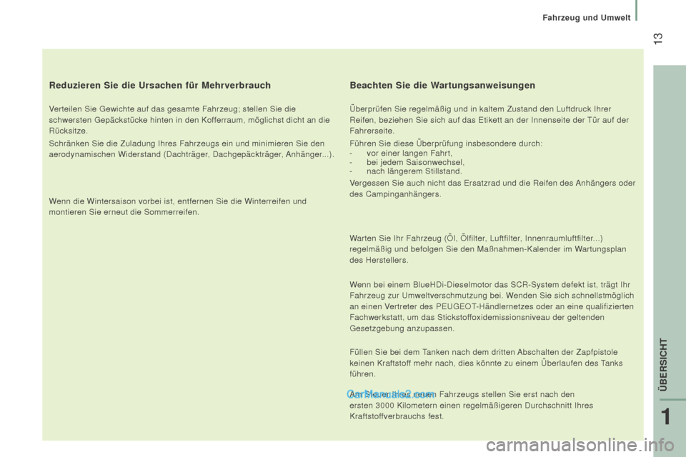 Peugeot Boxer 2015.5 Betriebsanleitung (in German) 13
boxer_de_Chap01_Vue-ensemble_ed01-2015
reduzieren Sie die ursachen für Mehrverbrauch
Verteilen Sie Gewichte auf das gesamte Fahrzeug; stellen Sie die
schwersten Gepäckstücke hinten in den Koff Peugeot Boxer 2015.5 Betriebsanleitung (in German) 13
boxer_de_Chap01_Vue-ensemble_ed01-2015
reduzieren Sie die ursachen für Mehrverbrauch
Verteilen Sie Gewichte auf das gesamte Fahrzeug; stellen Sie die
schwersten Gepäckstücke hinten in den Koff