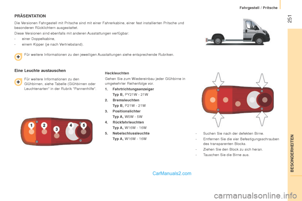 Peugeot Boxer 2015.5  Betriebsanleitung (in German)  251
boxer_de_Chap11_Particularites_ed01-2015
PräSEnTATiOn
Die Versionen Fahrgestell mit Pritsche sind mit einer Fahrerkabine, einer fes\
t installierten Pritsche und 
besonderen Rücklichtern ausges