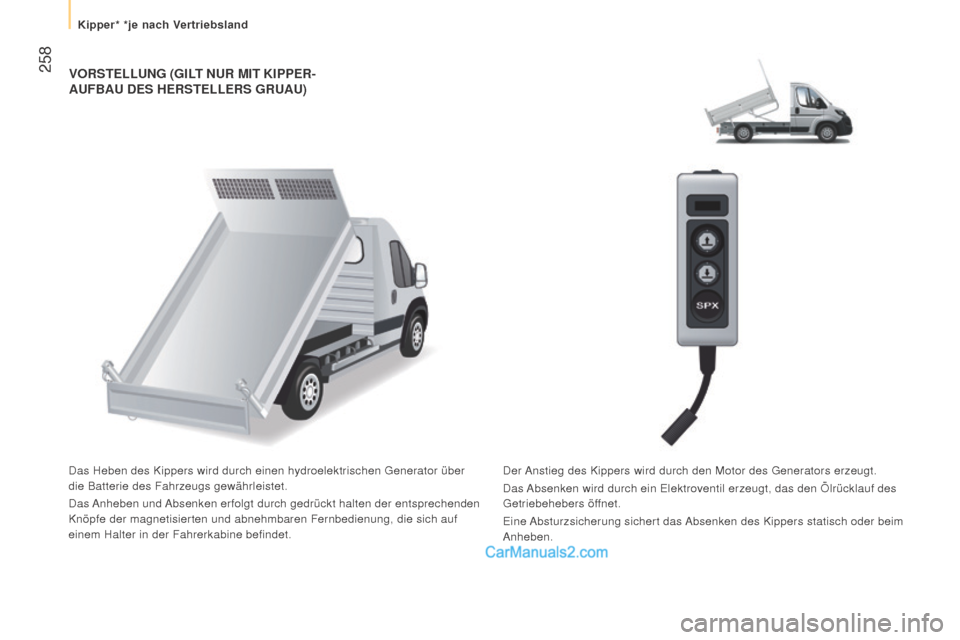 Peugeot Boxer 2015.5  Betriebsanleitung (in German)  258
boxer_de_Chap11_Particularites_ed01-2015
VOrSTELLung (giLT nur MiT KiPPEr-Auf BA u  DES   hE r STELLE r S   g ru A u)
Das Heben des Kippers wird durch einen hydroelektrischen Generator üb\
er 
d