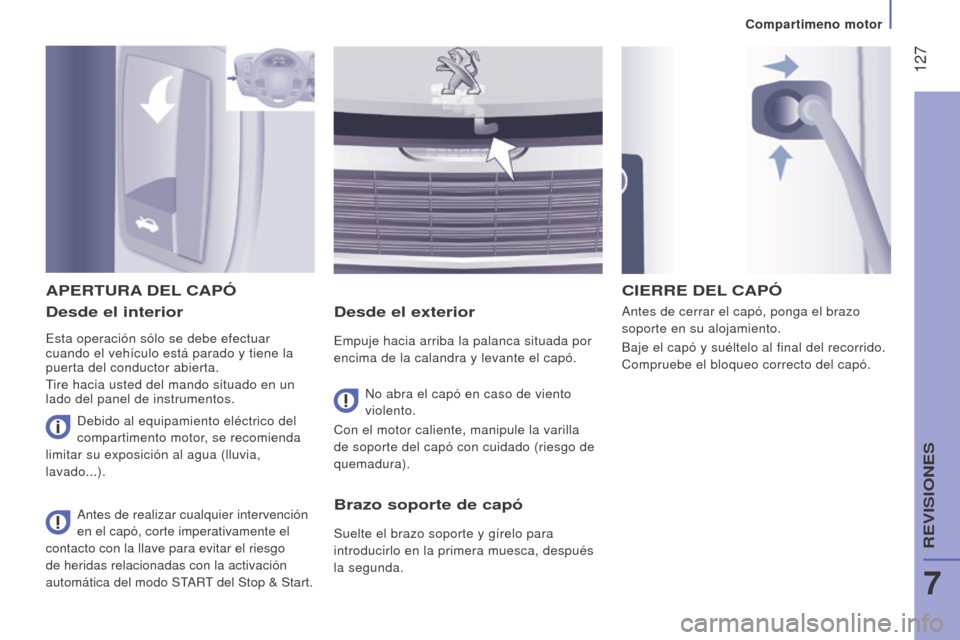 Peugeot Boxer 2015.5  Manual del propietario (in Spanish)  127
boxer_es_Chap07_Verifications_ed01-2015
Desde el interior
Esta operación sólo se debe efectuar 
cuando el vehículo está parado y tiene la 
puerta del conductor abierta.
Tire hacia usted del m