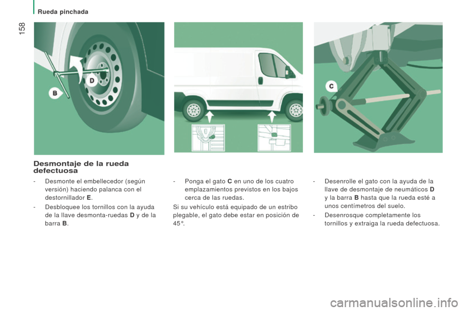 Peugeot Boxer 2015.5  Manual del propietario (in Spanish)  158
boxer_es_Chap08_Aide-Rapide_ed01-2015
- Desenrolle el gato con la ayuda de la 
llave de desmontaje de neumáticos D 
y la barra 
b
 hasta que la rueda esté a
  
unos centímetros del suelo.
-
 

