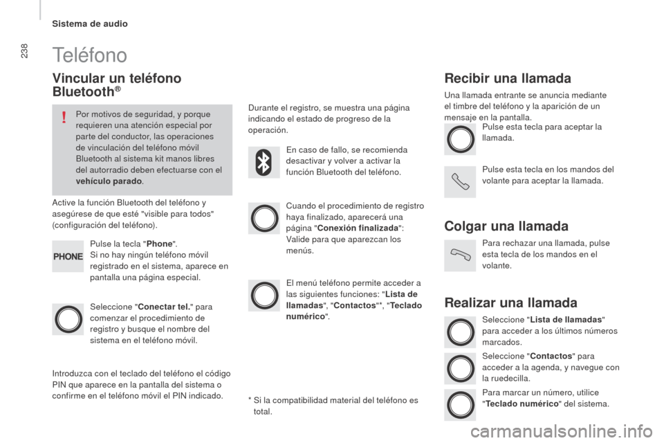 Peugeot Boxer 2015.5  Manual del propietario (in Spanish) 238
boxer_es_Chap10b_Autoradio_Fiat-4_ed01-2015
Teléfono
Vincular un teléfono 
bl
uetooth®
Por motivos de seguridad, y porque 
requieren una atención especial por 
parte del conductor, las operaci