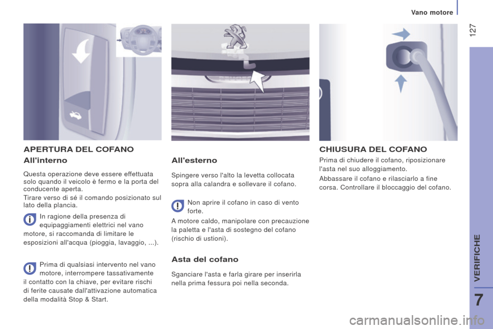 Peugeot Boxer 2015.5  Manuale del proprietario (in Italian)  127
boxer_it_Chap07_Verifications_ed01-2015
Allinterno
Questa operazione deve essere effettuata 
solo quando il veicolo è fermo e la porta del 
conducente aperta.
Tirare verso di sé il comando pos