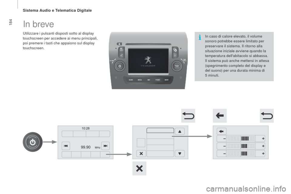 Peugeot Boxer 2015.5  Manuale del proprietario (in Italian) 184
boxer_it_Chap10a_Autoradio_Fiat-tactile-1_ed01-2015
In breve
Utilizzare i pulsanti disposti sotto al display 
touchscreen per accedere ai menu principali, 
poi premere i tasti che appaiono sul dis