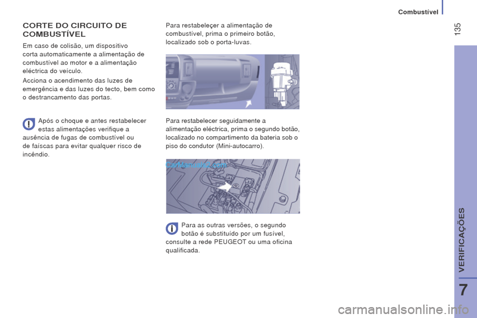 Peugeot Boxer 2015.5  Manual do proprietário (in Portuguese)  135
boxer_pt_Chap07_Verifications_ed01-2015
CorTe Do CIrCuITo D e 
C

ombu STÍV el
Após o choque e antes restabelecer 
estas alimentações verifique a 
ausência de fugas de combustível ou 
de fa