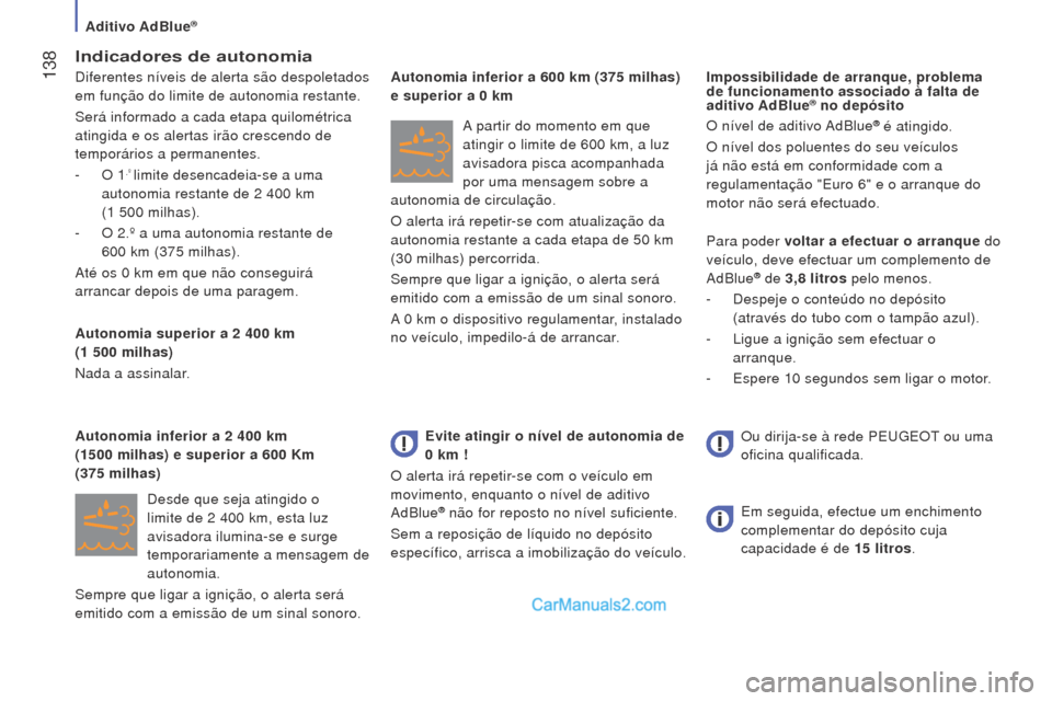 Peugeot Boxer 2015.5  Manual do proprietário (in Portuguese)  138
boxer_pt_Chap07_Verifications_ed01-2015
Indicadores de autonomia
Diferentes níveis de alerta são despoletados 
em função do limite de autonomia restante.
Será informado a cada etapa quilomé