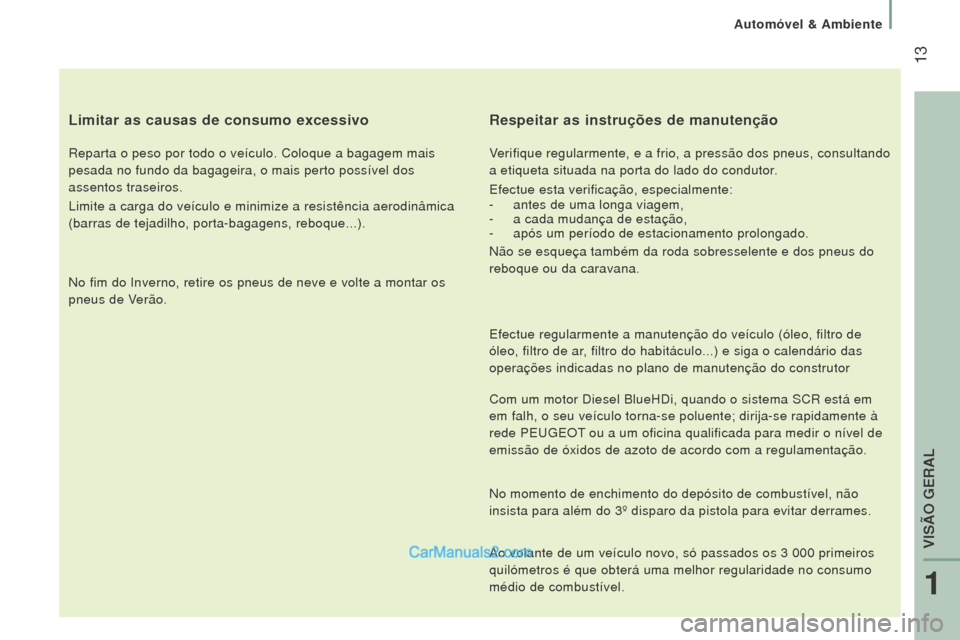 Peugeot Boxer 2015.5  Manual do proprietário (in Portuguese)  13
boxer_pt_Chap01_Vue-ensemble_ed01-2015
limitar as causas de consumo excessivo
Reparta o peso por todo o veículo. Coloque a bagagem mais 
pesada no fundo da bagageira, o mais perto possível dos 
