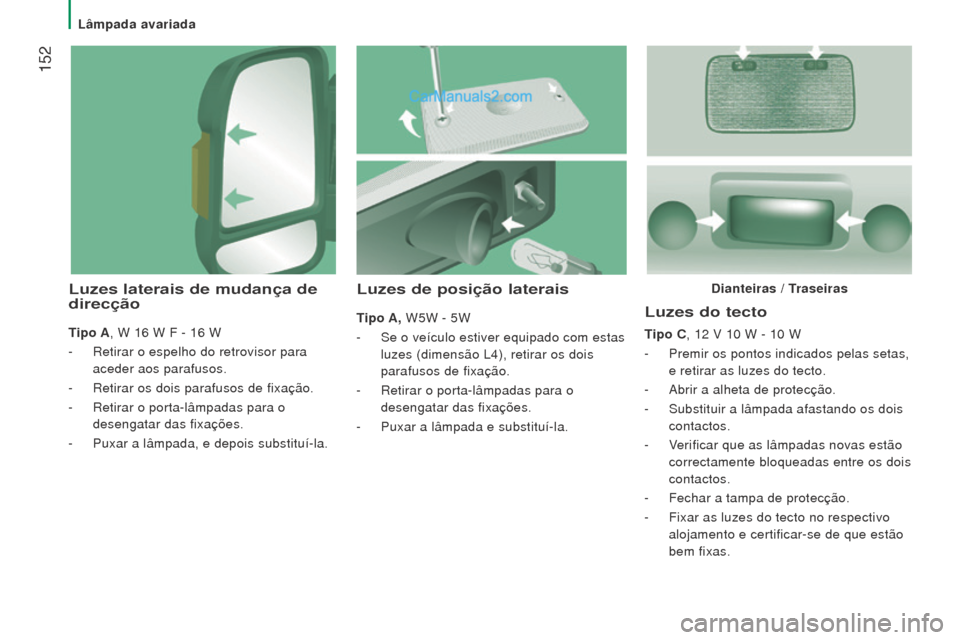 Peugeot Boxer 2015.5  Manual do proprietário (in Portuguese)  152
boxer_pt_Chap08_Aide-Rapide_ed01-2015
luzes do tecto
Tipo C, 12 V 10 W - 10 W
-  
Premir os pontos indicados pelas setas,
  
e retirar as luzes do tecto.
-
 
Abrir a alheta de protecção.
-

 
S
