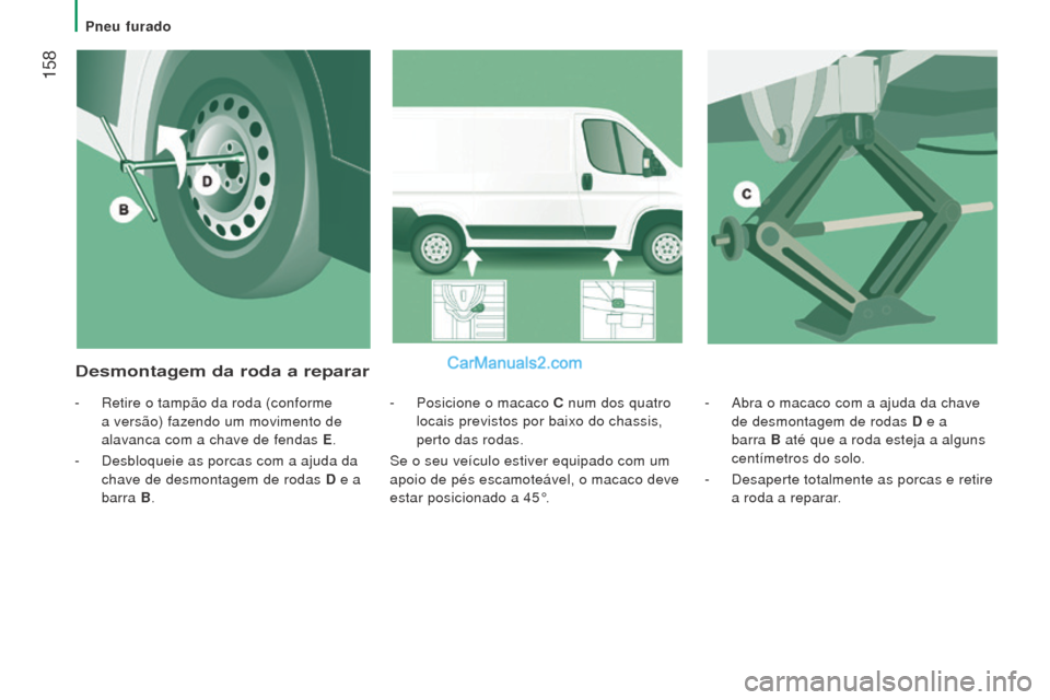 Peugeot Boxer 2015.5  Manual do proprietário (in Portuguese)  158
boxer_pt_Chap08_Aide-Rapide_ed01-2015
- Abra o macaco com a ajuda da chave 
de desmontagem de rodas D  e a 
barra 
b até que a roda esteja a alguns

 
centímetros do solo.
-
 
Desaperte totalme