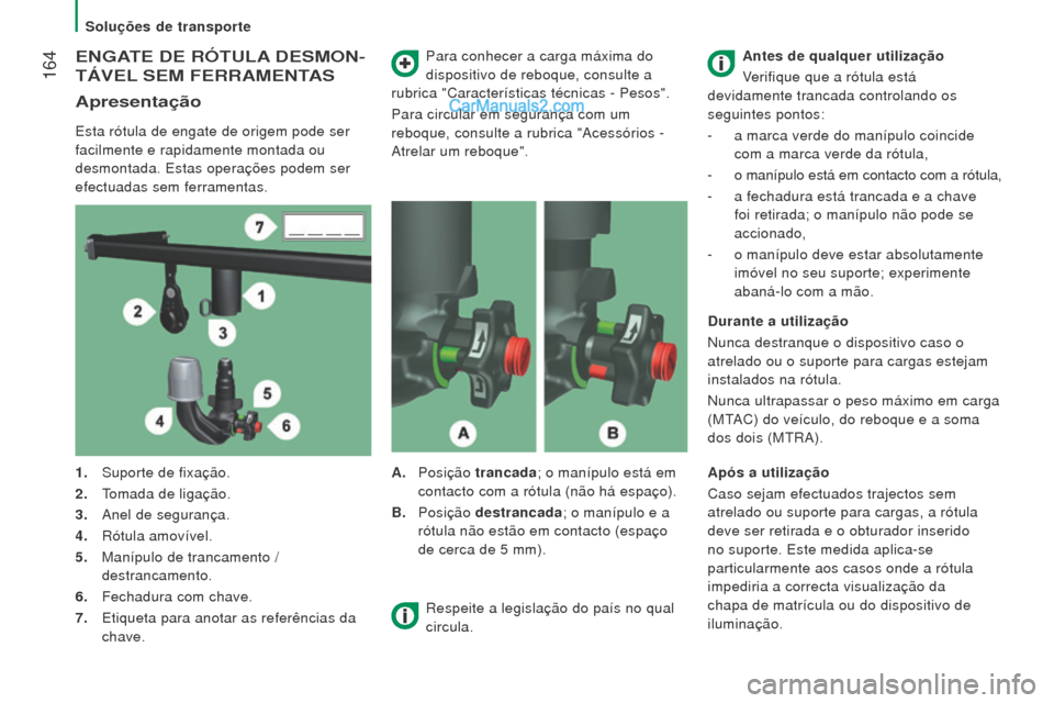 Peugeot Boxer 2015.5  Manual do proprietário (in Portuguese)  164
boxer_pt_Chap08_Aide-Rapide_ed01-2015
eNGATe De rÓTulA D e S mo N -
TÁV

el  S em  F err A me NTAS
Apresentação
Esta rótula de engate de origem pode ser 
facilmente e rapidamente montada ou 
