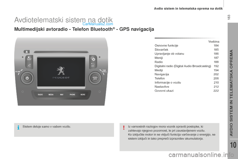 Peugeot Boxer 2015.5  Priročnik za lastnika (in Slovenian)  183
boxer_sl_Chap10a_Autoradio_Fiat-tactile-1_ed01-2015
Avdiotelematski sistem na dotik
Multimedijski avtoradio - telefon Bluetooth® - Gps navigacija
Vsebina
Osnovne funkcije
 1 84
Slovarček
 
1
 8