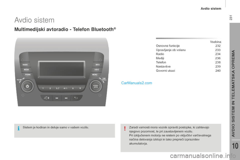 Peugeot Boxer 2015.5  Priročnik za lastnika (in Slovenian)  231
boxer_sl_Chap10b_Autoradio_Fiat-4_ed01-2015
Avdio sistem
Multimedijski avtoradio - telefon Bluetooth®
Vsebina
Osnovne funkcije
 2 32
Upravljanje ob volanu
 
2
 33
Radio
 
2
 34
Mediji
 

236
Tel
