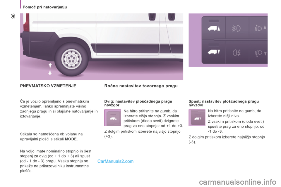 Peugeot Boxer 2015.5  Priročnik za lastnika (in Slovenian)  96
boxer_sl_Chap04_Technologie-a-bord_ed01-2015
pnevMatsKo vzMetenJe
Če je vozilo opremljeno s pnevmatskim 
vzmetenjem, lahko spreminjate višino 
zadnjega pragu in si olajšate natovarjanje in 
izt