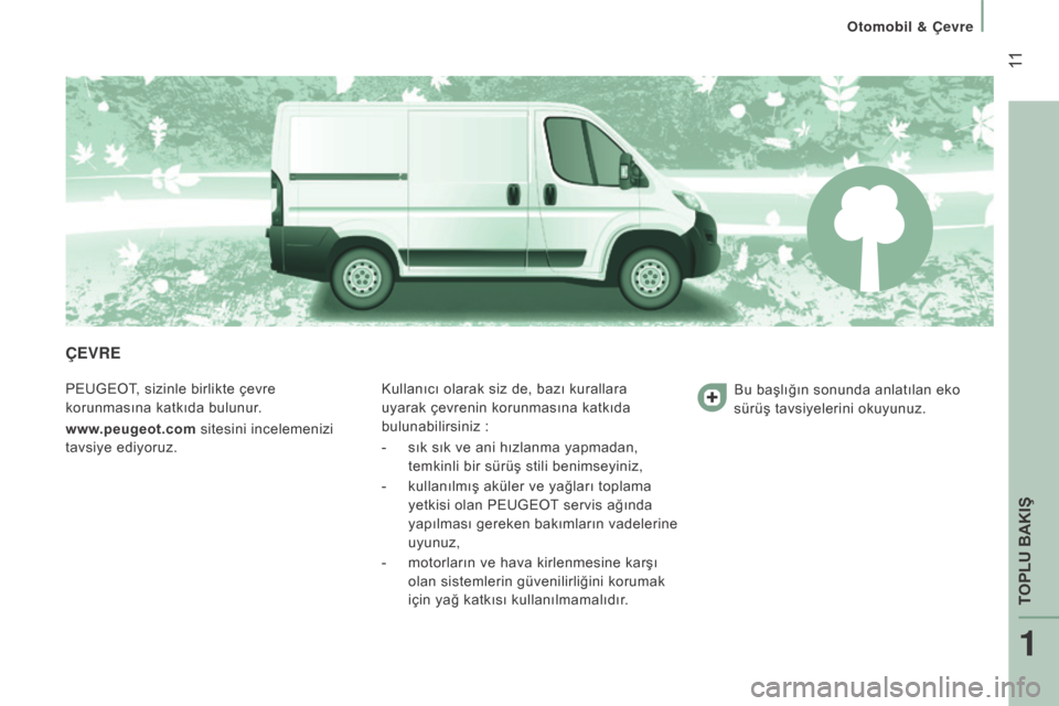 Peugeot Boxer 2015.5  Kullanım Kılavuzu (in Turkish)   11
boxer_tr_Chap01_Vue-ensemble_ed01-2015
ÇEvRE
PEUGEOT, sizinle birlikte çevre 
korunmasına katkıda bulunur.
www.peugeot.com sitesini incelemenizi 
tavsiye ediyoruz.Kullanıcı olarak siz de, b