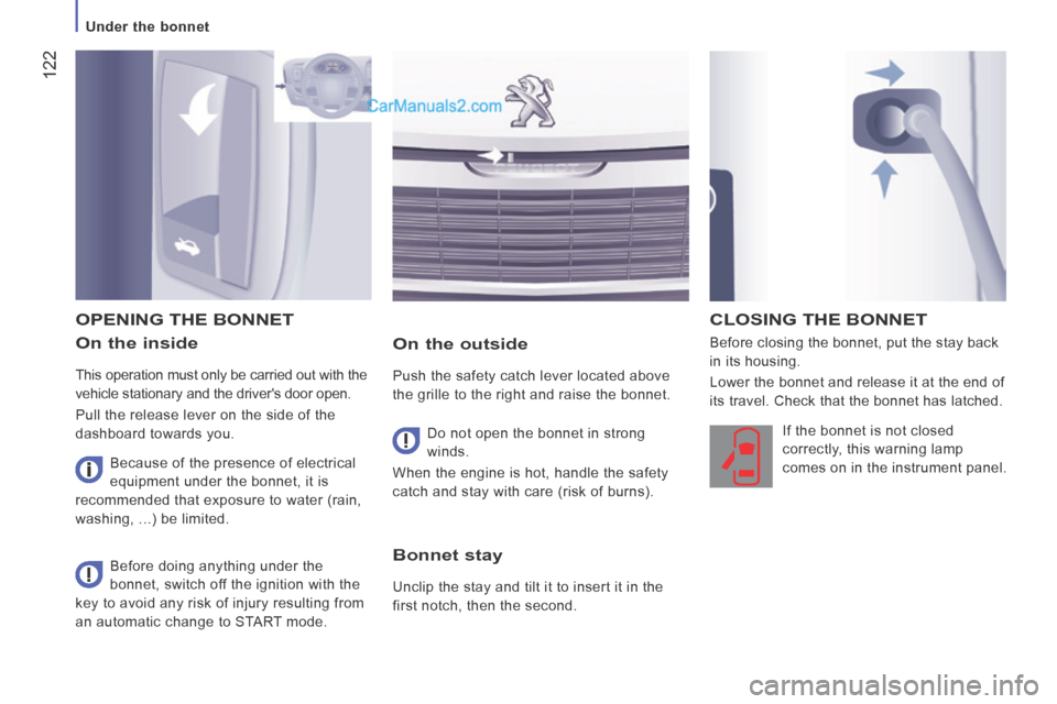 Peugeot Boxer 2014  Owners Manual  122
   Under  the  bonnet   
  On  the  inside 
 This operation must only be carried out with the 
vehicle stationary and the drivers door open. 
 Pull the release lever on the side of the 
dashboar