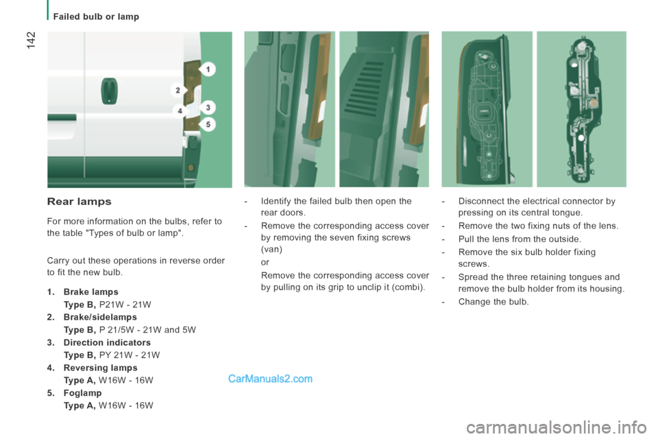 Peugeot Boxer 2014  Owners Manual    Failed  bulb  or  lamp   
 142
  Rear  lamps 
 For more information on the bulbs, refer to 
the table "Types of bulb or lamp". 
 Carry out these operations in reverse order 
to fit the new bulb. 
 