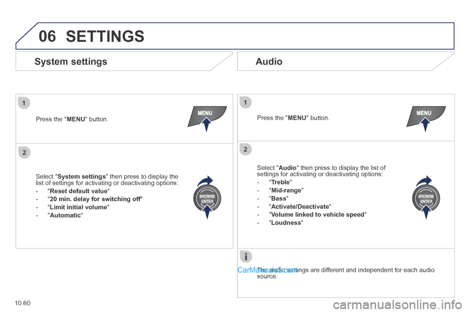 Peugeot Boxer 2014  Owners Manual 06
10.60
 SETTINGS 
  Press  the  " MENU "  button.    Press  the  " MENU "  button.  
  The audio settings are different and independent for each audio source.   
  System  settings   Audio 
  Select