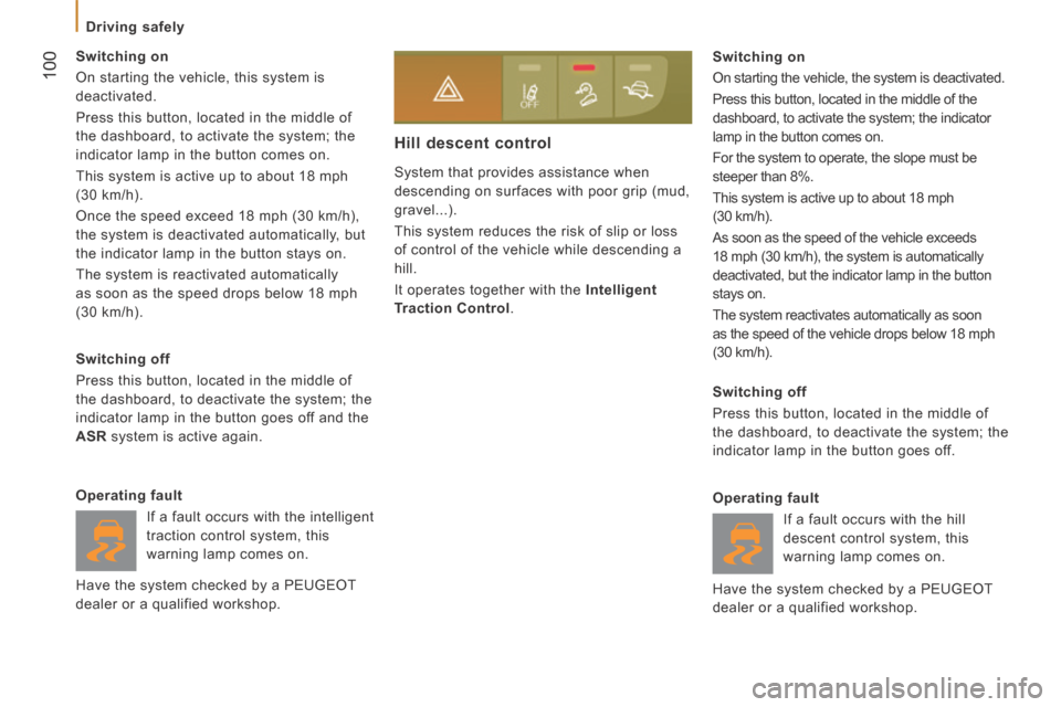 Peugeot Boxer 2014  Owners Manual - RHD (UK, Australia)  100
   Driving  safely   
 System that provides assistance when 
descending on surfaces with poor grip (mud, 
gravel...). 
 This system reduces the risk of slip or loss 
of control of the vehicle whi