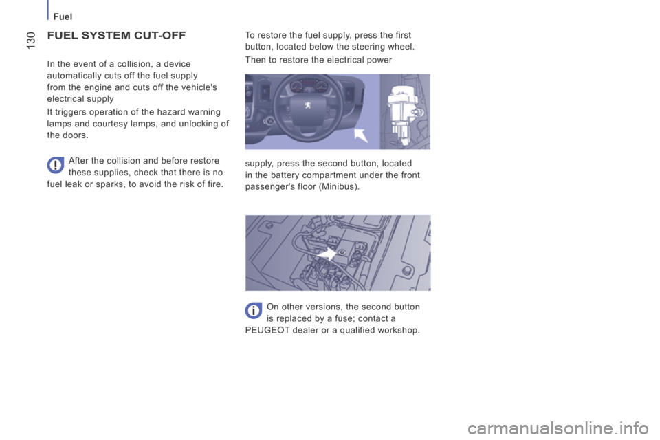 Peugeot Boxer 2014  Owners Manual - RHD (UK, Australia)  130
   Fuel   
 FUEL SYSTEM CUT-OFF 
  After the collision and before restore 
these supplies, check that there is no 
fuel leak or sparks, to avoid the risk of fire.     In the event of a collision,