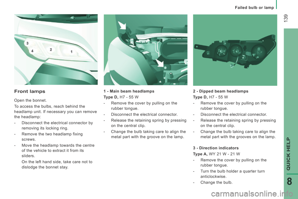 Peugeot Boxer 2014  Owners Manual - RHD (UK, Australia)  139
QUICK HELP 
8
Failed bulb or lamp
  1 - Main beam headlamps 
  Type D , H7 - 55 W 
   -   Remove the cover by pulling on the  rubber tongue. 
  -   Disconnect  the  electrical  connector. 
  -   