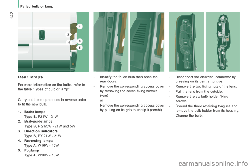 Peugeot Boxer 2014  Owners Manual - RHD (UK, Australia)  142
   Failed  bulb  or  lamp   
  Rear  lamps 
 For more information on the bulbs, refer to 
the table "Types of bulb or lamp". 
 Carry out these operations in reverse order 
to fit the new bulb. 
 