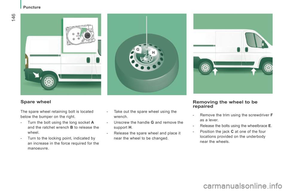 Peugeot Boxer 2014  Owners Manual - RHD (UK, Australia)  146
   Puncture   
  Removing the wheel to be repaired 
   -   Remove the trim using the screwdriver  F  
as a lever. 
  -   Release the bolts using the wheelbrace   E . 
  -   Position  the  jack   