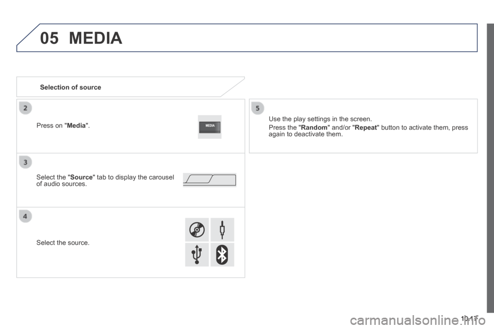 Peugeot Boxer 2014  Owners Manual - RHD (UK, Australia) 05
10.17
 MEDIA 
                 Selection  of  source  
  Use the play settings in the screen. 
 Press the " Random " and/or " Repeat " button to activate them, press again to deactivate them.   
  
